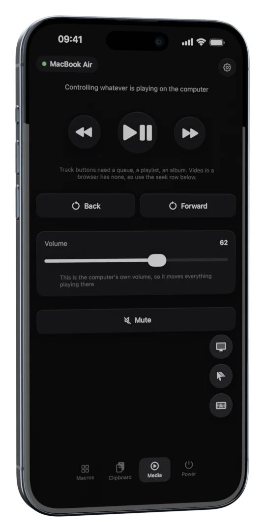 AirMouse on iPhone: Play, pause, volume
