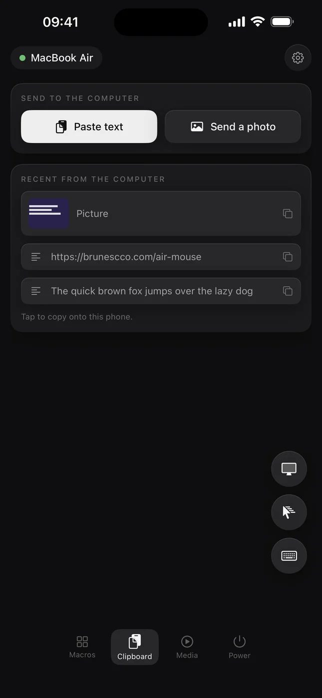 AirMouse screen: Clipboard
