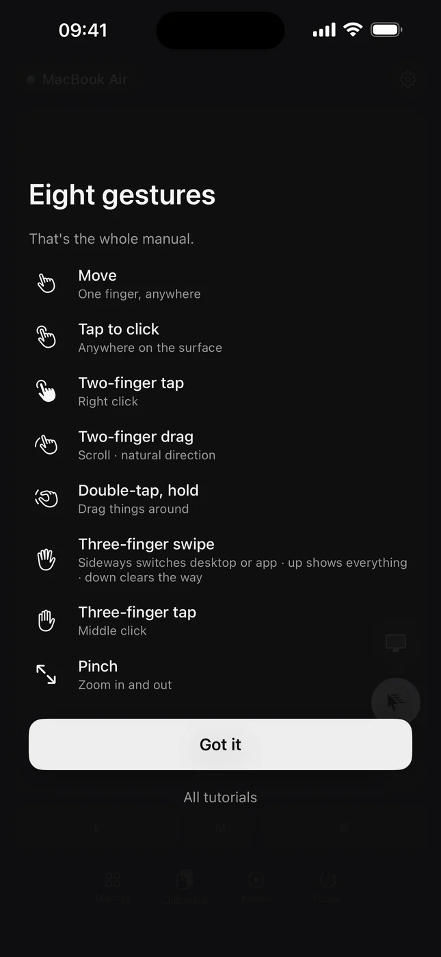 AirMouse screen: Eight gestures